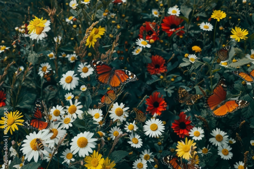 An aerial perspective of a wildflower meadow buzzing with life, showcasing butterflies, bees, and other insects flitting among the blooms An aerial perspective of a wildflower meadow buzzing with life, showcasing butterflies, bees, and other insects flitting among the blooms