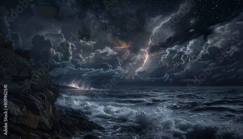A stormy night with a large lightning bolt in the sky by AI generated image