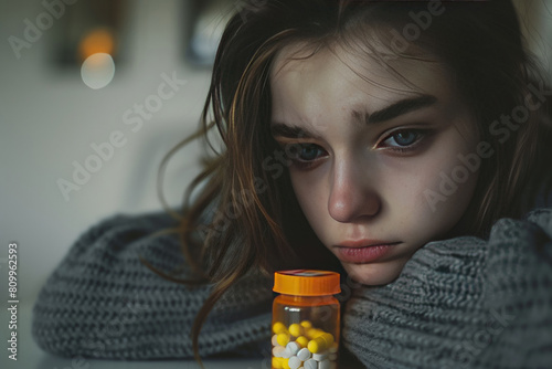 Teenager with bottle of pills. Teen girl dealing with depression, sadness, and feeling alone. Mental health and anxiety. Suicide attempt