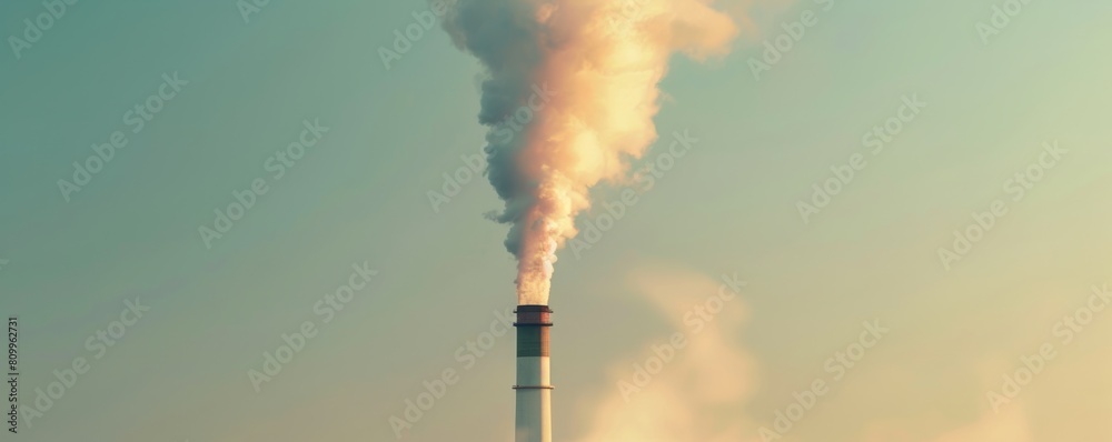Industrial smokestack emitting pollution at sunrise