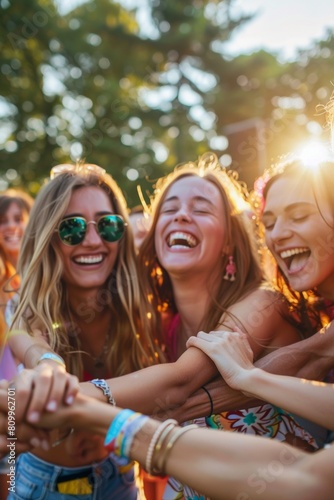 Close-up of a group of friends linking arms and singing along at a summer festival, their smiles infectious