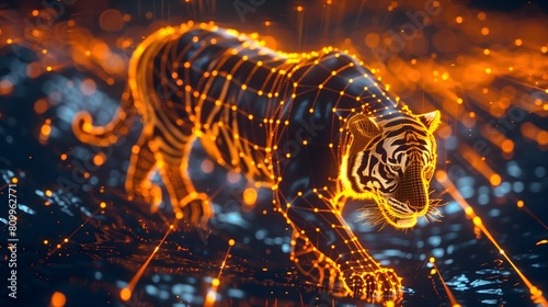 A tiger is walking through a field of fire