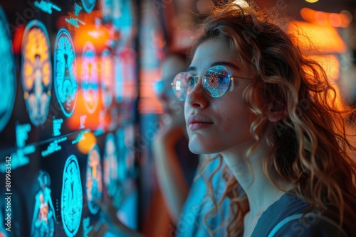 A focused female radiologist is evaluating bright brain MRI images displayed across high-resolution digital screens photo