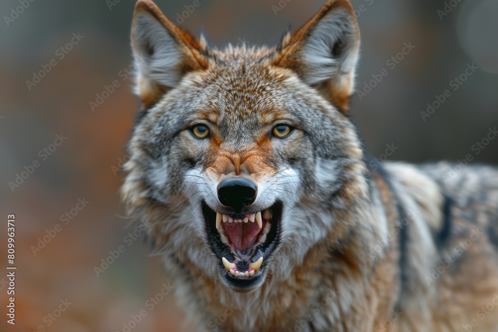 Fototapeta premium A highly detailed close-up capture of a grey wolf with its fangs exposed, snarling fiercely against a blurred backdrop
