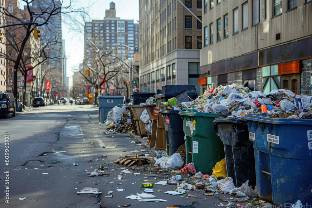 Big metal dumpster garbage cans full of overflow litter polluting the street in the city. Big metal dumpster garbage cans full of overflow litter polluting the street in the city.