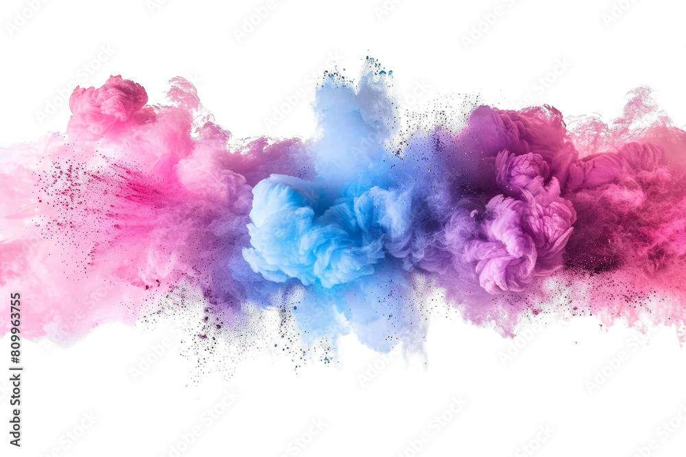 Pink, blue and purple powder explosion on black background.