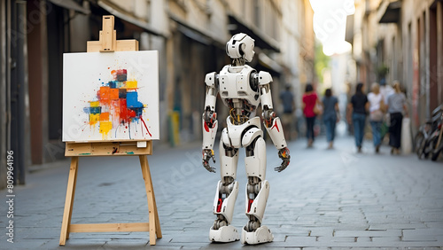 Humanoid robot with painting canvas in street 