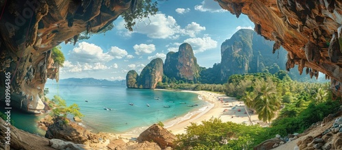 Scenic Rockface Cliff Lining Tropical Coastline of Railay Beach Offering Thrilling Rock Climbing photo