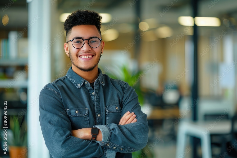 Obraz premium Portrait of smiling young multiethnic man looking at camera with crossed arms. Successful latin business woman standing in modern office with copy space. Young university hispanic boy with smile.