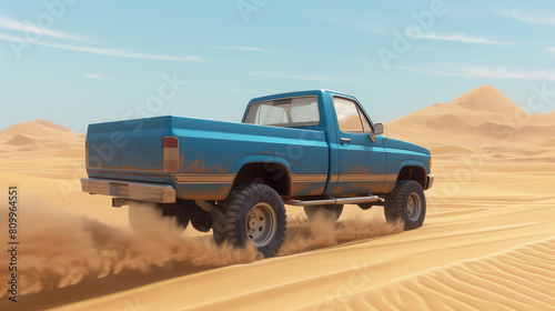 Pickup Truck Speeding Through Sandy Desert