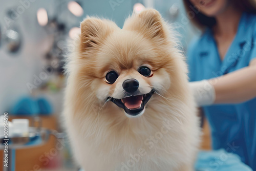 Fluffy white dog at grooming salon. Animal care concept