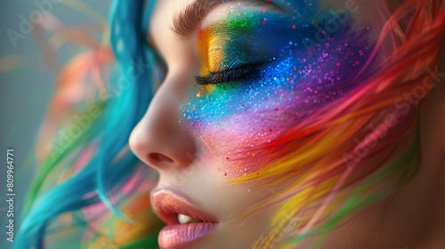 Closeup of a woman with vibrant rainbow makeup and colorful hair © alphaspirit