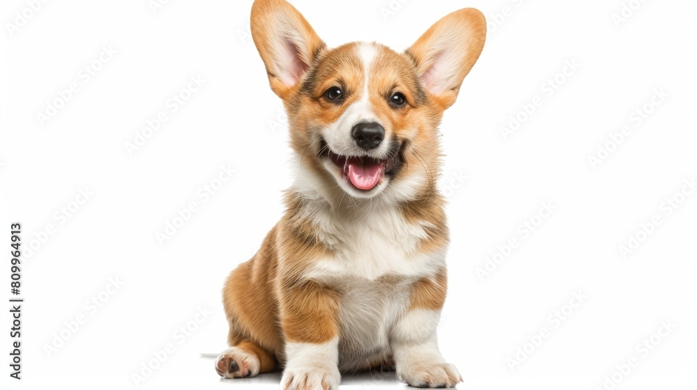 Obraz premium cute puppy with a tongue sticking out. The puppy is sitting on a white background. The puppy has a happy expression on its face