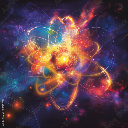 Imagine the atomic world through the lens of smooth shape art. Render the intricate dance of electrons around a nucleus with fluid, seamless lines. How does your portrayal of atomic structure convey t