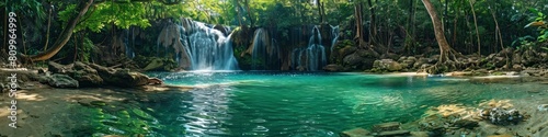 Erawan Waterfalls in Emerald Green Splendor Cascading Tiered Wonders in Lush Tropical Jungle Oasis
