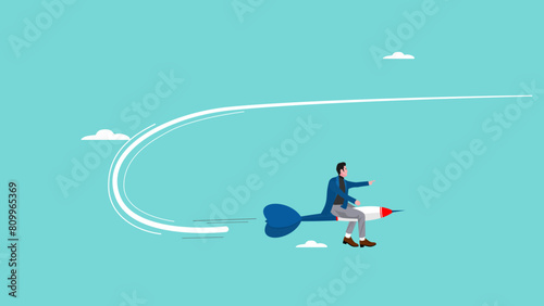 business objective change, change management goals or business strategy to achieve business success, businessman riding dart changing direction to the right target concept vector illustration