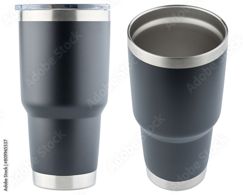 Tumbler. Tumbler thermos mug for iced coffee, tea. Stainless steel travel cup for drinking. Reusable water bottle. Simple modern classic Insulated black tumbler with flip lid. Isolated background