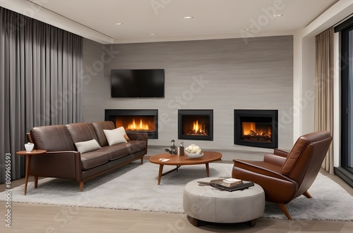  Mid-Century Modern Charm  Brown Leather Chairs  Grey Sofa in Living Room with Fireplace  Exemplifying Stylish Home Interior Design 