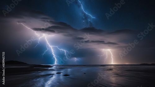 lightning over the sea _A cosmic dance of forces  where the blue lightning is the leader  and the dark is the follower.  