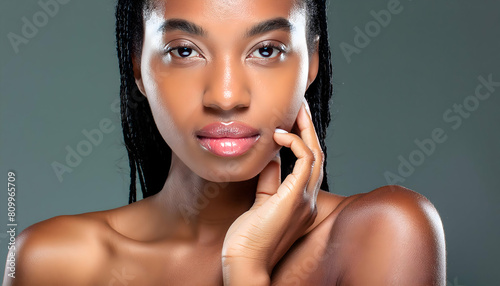 Close-up of beautiful young woman, glowing dark skin, wet lip gloss, Beauty and sensualit.