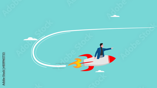 change business direction with businessman riding a rocket changing direction to the right target, change management goals or business strategy to achieve business success