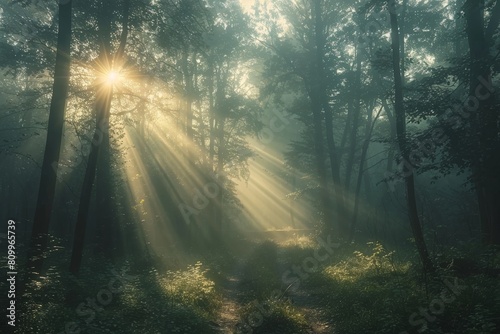 Sunlight breaking through the trees in a lush forest creates a magical scene