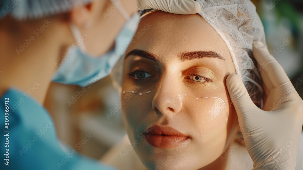 plastic surgery, beauty, Surgeon or beautician touching woman face, surgical procedure that involve altering shape of nose, doctor injection to prepare for rhinoplasty, medical assistance, health plastic surgery, beauty, Surgeon or beautician touching woman face, surgical procedure that involve altering shape of nose, doctor injection to prepare for rhinoplasty, medical assistance, health