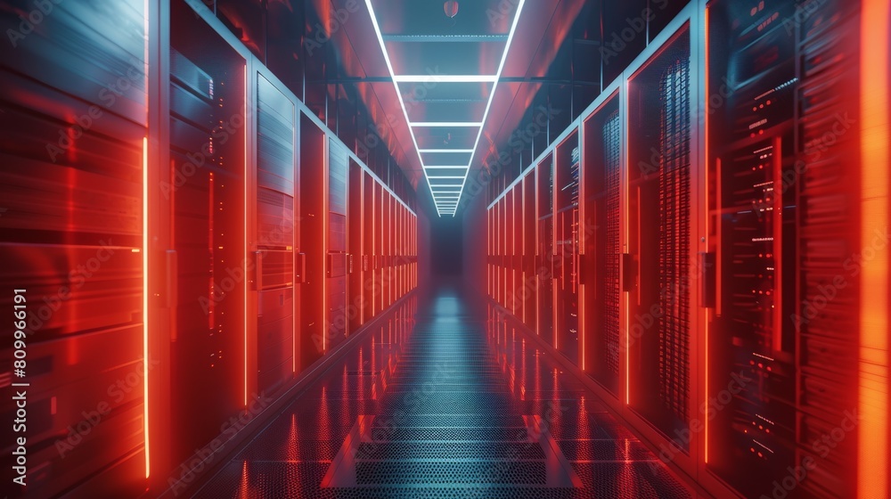 Shot of Corridor in Working Data Center Full of Rack Servers and Supercomputers with Internet connection Visualization Projection, technology, digital, futuristic, future,