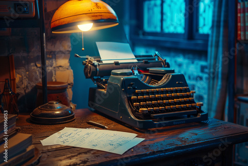 Mysterious noir detective office, ransom note on the desk, vintage typewriter and dim lamp  photo