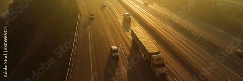 Sunset Highway with Transport Trucks in Motion