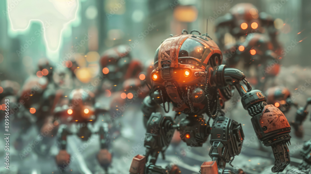 A battlefield of robots and drones fighting for power in the city