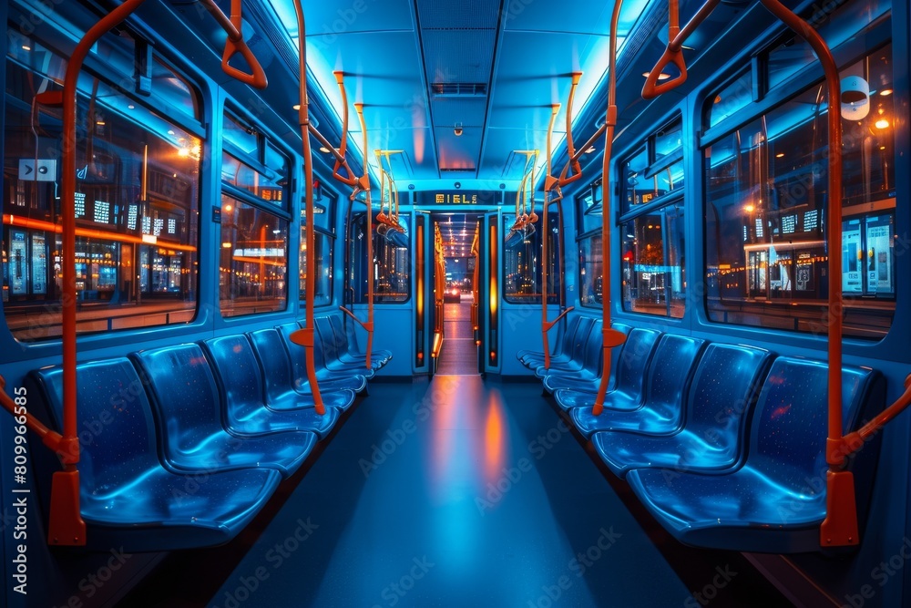 A vibrant, empty train carriage is bathed in futuristic blue light with sleek metal bars and polished seats A vibrant, empty train carriage is bathed in futuristic blue light with sleek metal bars and polished seats