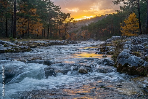 Vibrant autumn colors enrich the scene of a forceful river flowing as the sun sets behind the trees