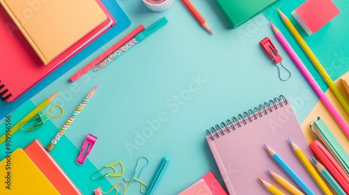 Vibrant back to school background with colorful pencils, books, and stationery arranged in a creative composition, school, education, creativity, stationer
