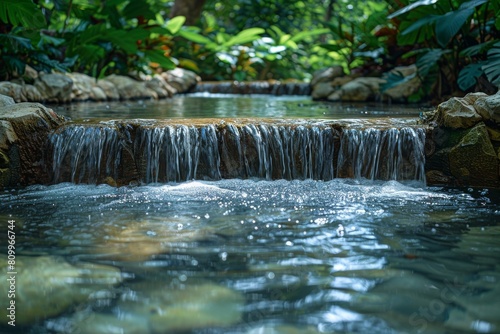 A serene cascade surrounded by vibrant green foliage  emanating a sense of calm and tranquility in nature