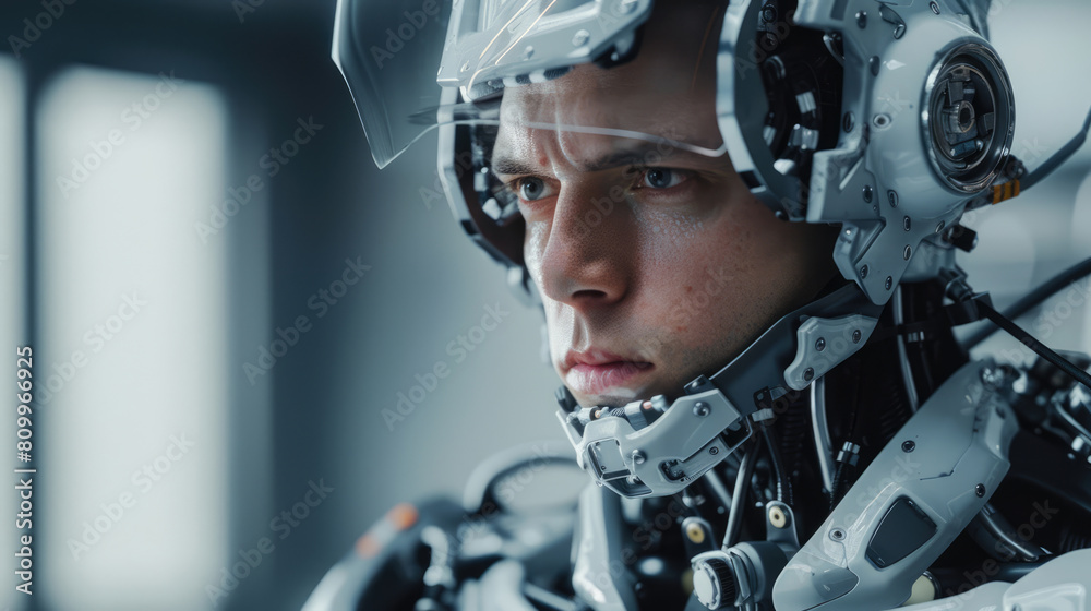 A man dressed in a bionic suit controlled by thoughts A man dressed in a bionic suit controlled by thoughts