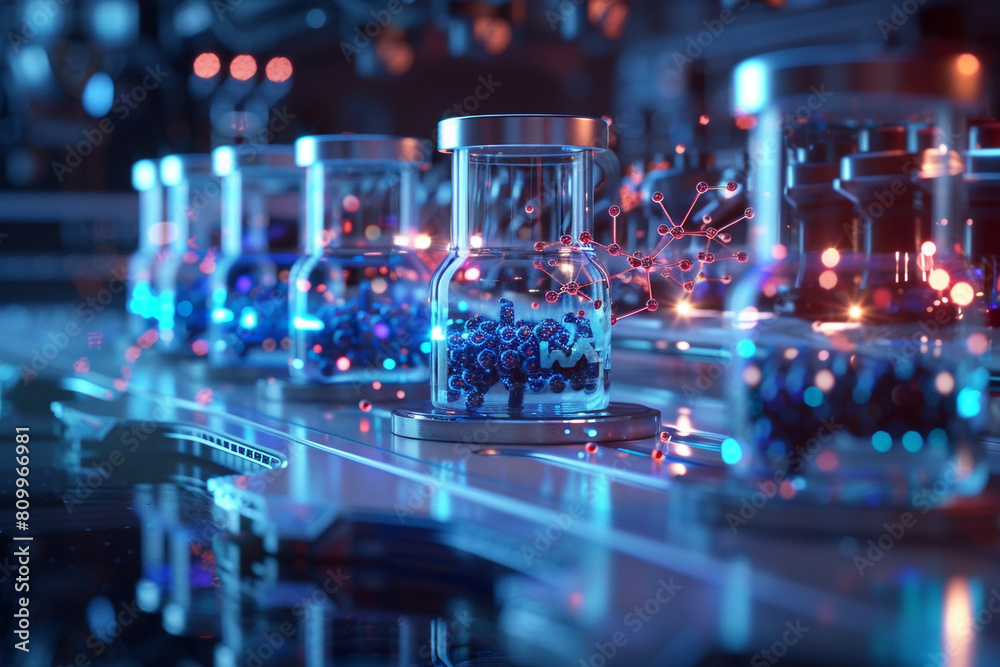Fototapeta premium Nanotech in medicine, zoom on nano-particles used in drug delivery, futuristic lab setting