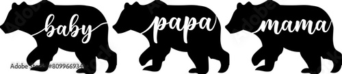 Mama, Papa, Baby Bear Graphic Design Bundle, Black Bear Silhouettes, Mama, Papa, and Baby in a Transparent Script Font, Transparent Background