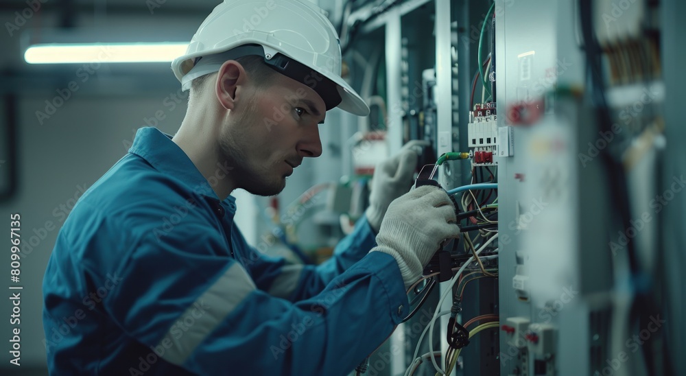 Professional electrician repairing works in a switchboard with an electrical connecting cable