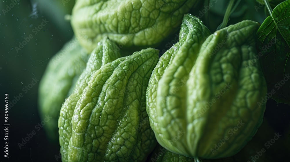 Close up of fresh green physalis fruits with green leaves on black background Close up of fresh green physalis fruits with green leaves on black background
