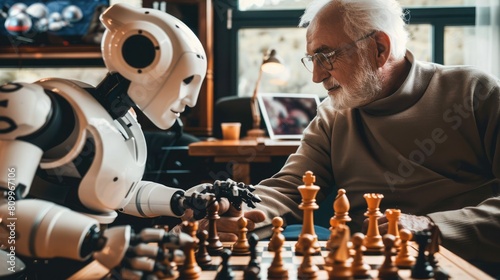 A moment of mental engagement as an elderly person plays chess with a robot, showcasing a harmonious human-robot relationship. Robotic relationships photo