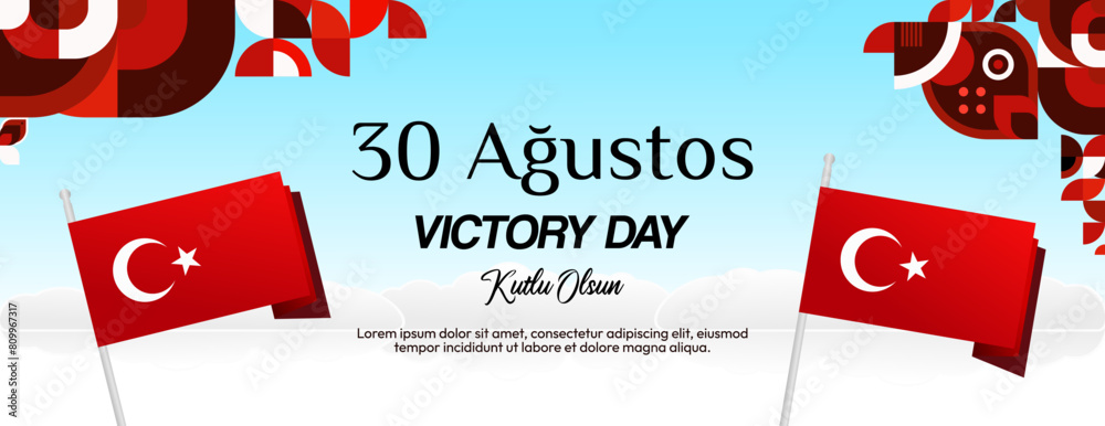 Turkey Victory Day wide banner in modern geometric style with red colors. Turkish National Day greeting card template illustration on August 30. Happy Victory Day Turkey Turkey Victory Day wide banner in modern geometric style with red colors. Turkish National Day greeting card template illustration on August 30. Happy Victory Day Turkey