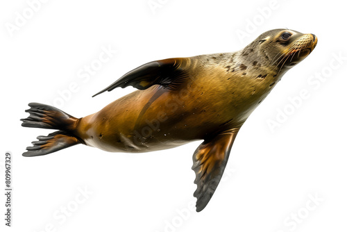 Close-Up of a Sea Lion Swimming in a White Background photo