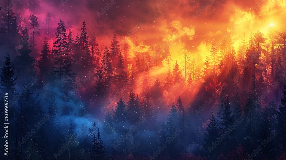 Naklejka premium colorful forest with sun rays copy space for text