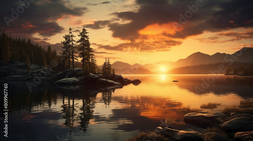 Eine ruhige Seenlandschaft bei Sonnenuntergang, mit sanft spiegelndem Wasser und einer Silhouette von Bergen im Hintergrund photo