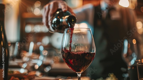 Close-up shot of red wine pouring in a glass. Red wine pouring close-up, restaurant service. 