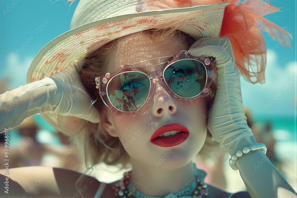 portrait of a woman in a sun hat. A woman in white gloves and an oversized hat shaped like a Marylin Monroe at the palm beach, colourful boho vintage retro style