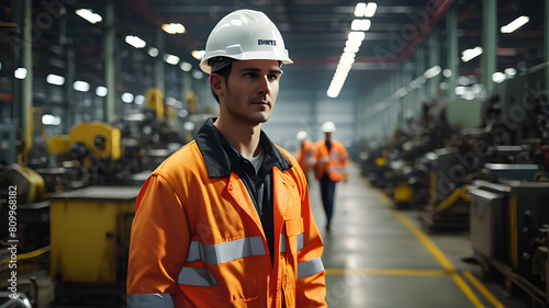 Industrial Engineer in Hard Hat Wearing Safety Jacket Walks Through Heavy Industry Manufacturing Factory with Various Metalworking Processes