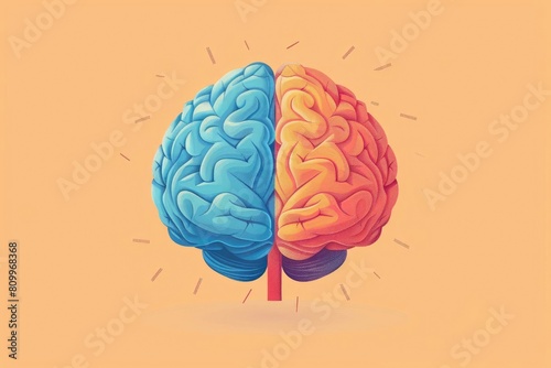 A human brain split in two colors, the left side is blue and the right side is orange. The brain is surrounded by a yellow background. photo