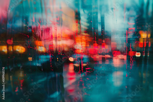 Neon abstract expressionism clashes with a blurred city background, symbolizing vibrant urban chaos  photo